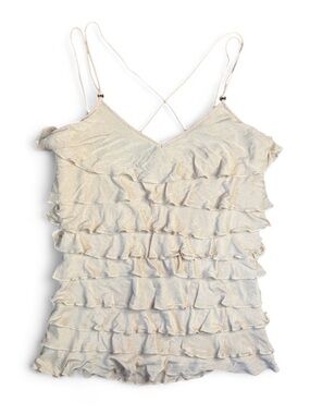 Y2K Express Cream Layered Ruffle Cami Women’s Medium V Neck Silk/Polyester